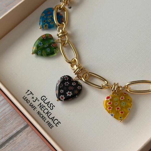 Camila Coelho Gold Charm Necklace w/ Colorful Glass Heart Charms 17”+3” - Picture 3 of 4